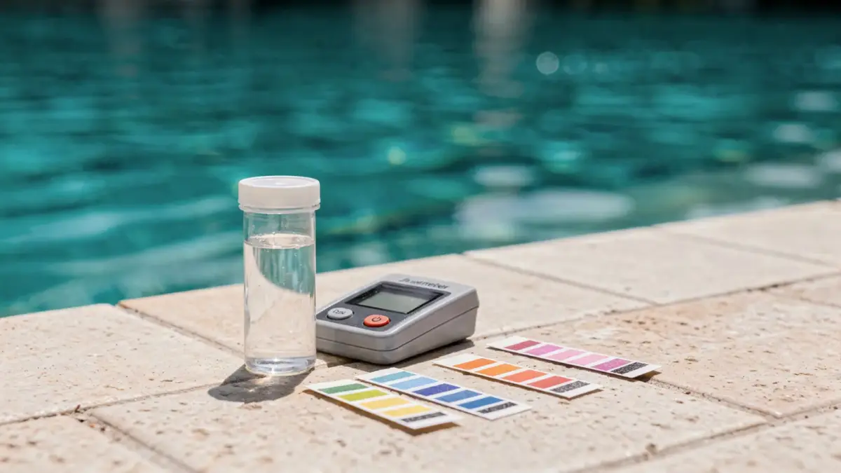 Digitales pH-Messgerät und Teststreifen zur Poolwasser-Prüfung am Swimmingpool