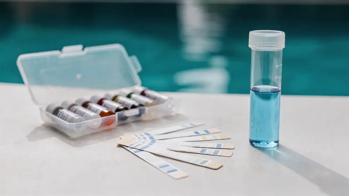 Pool-Wasserwerte prüfen mit Teststreifen, Probevial und Wasserpflege-Zubehör am Beckenrand