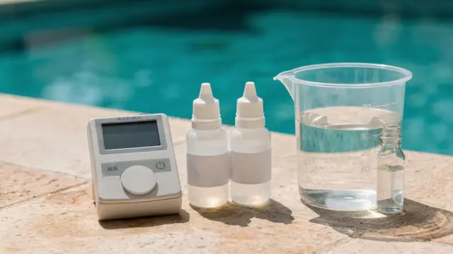 Pool-Wassertest mit Testkit und Messzubehör zum Thema Alkalinität im Pool