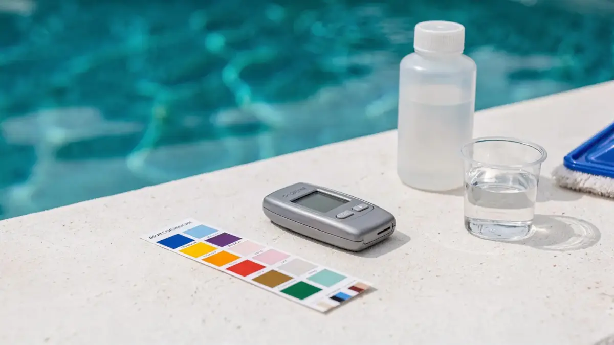 Poolpflege mit Teststreifen und Messgerät zur Chlorwert-Messung im Pool