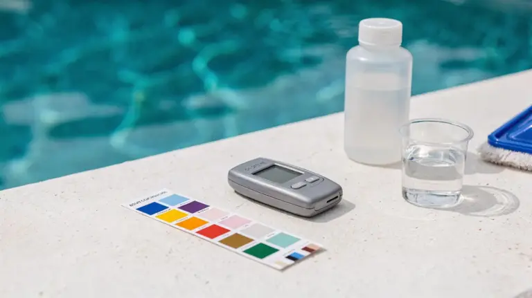 Poolpflege mit Teststreifen und Messgerät zur Chlorwert-Messung im Pool
