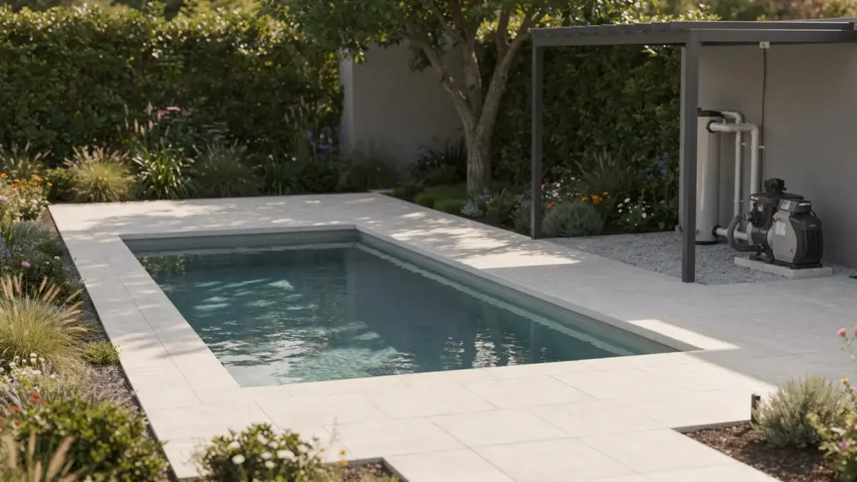 Geplanter Poolstandort im Garten mit Technikbereich und Sicherheitsaspekten
