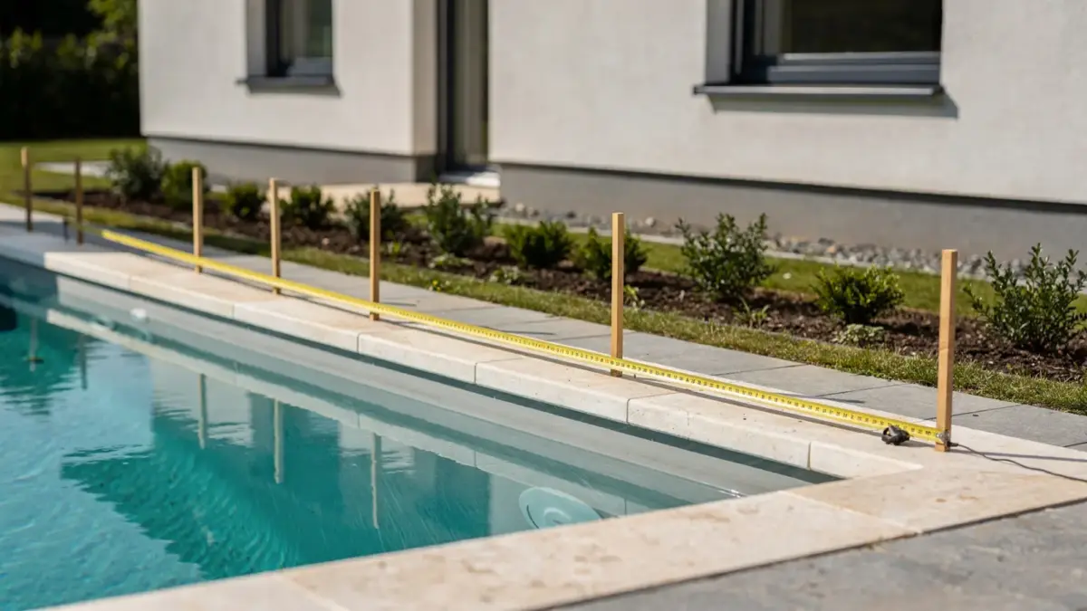 Gemessener Abstand zwischen Pool und Haus im Garten bei der Planung eines privaten Pools.