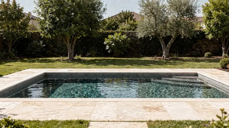 Pool im sonnigen Garten mit Terrasse und Bäumen als Standortbeispiel zur Sonneneinstrahlung