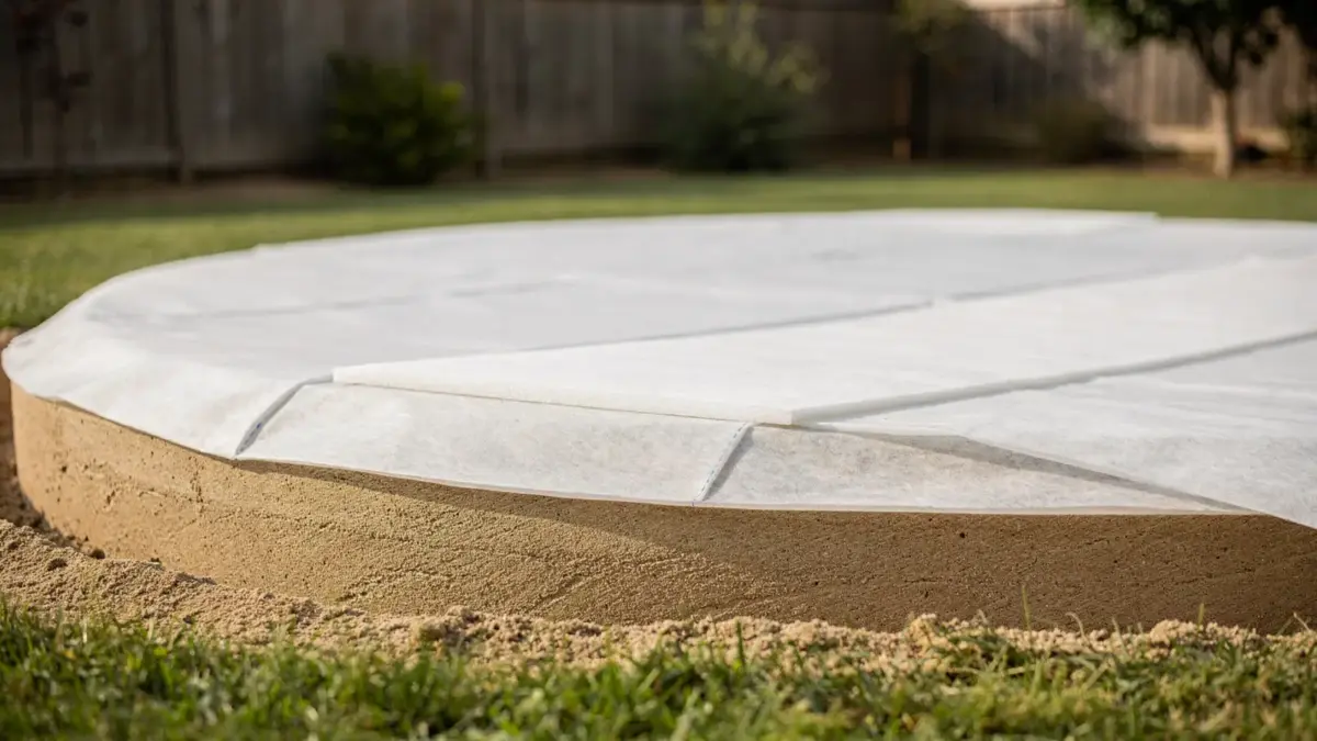 Vorbereiteter Pool-Untergrund mit Sand, Geotextil und Schutzmatte für die Pool-Bodenbeschaffenheit