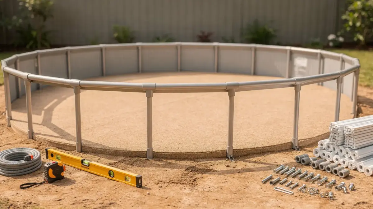Vorbereiteter Pool-Aufstellplatz mit ebenem Untergrund, Wasserwaage und Poolteilen zur Montage