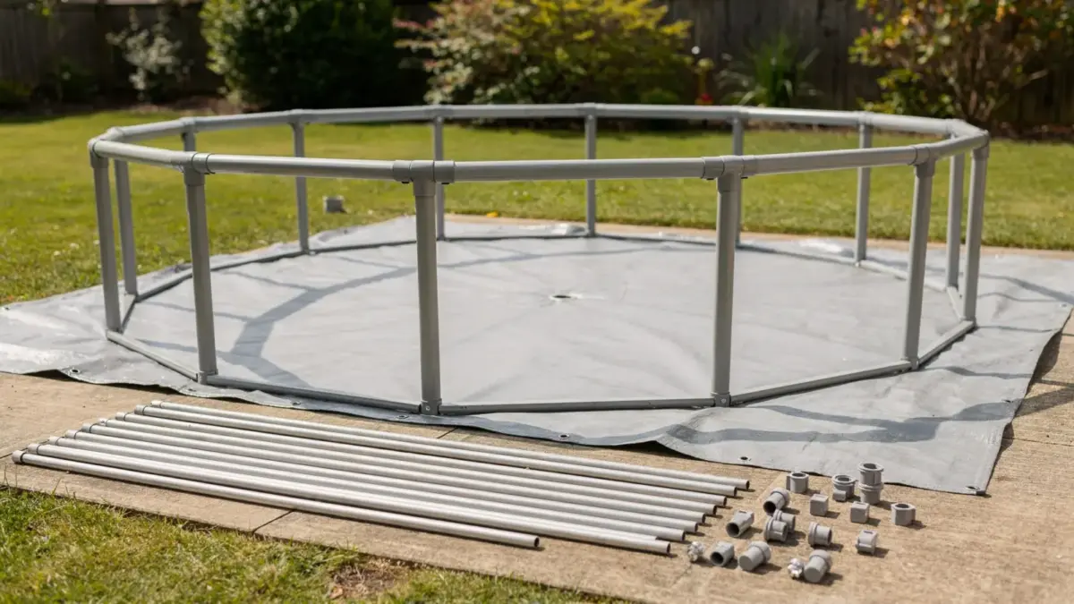 Montierter Frame Pool im Garten mit Rahmen, Stangen und Unterlage beim sicheren Aufbau