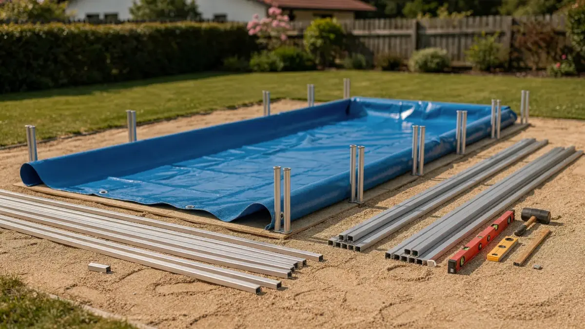 Aufstellpool im Garten beim Aufbau mit Rahmen, Plane und Werkzeug für sicheren Aufbau