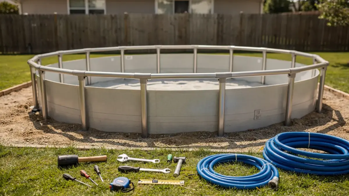 Aufbau eines Pools im Garten mit Poolteilen, Werkzeugen und vorbereiteter Fläche zum Thema Poolaufbau.