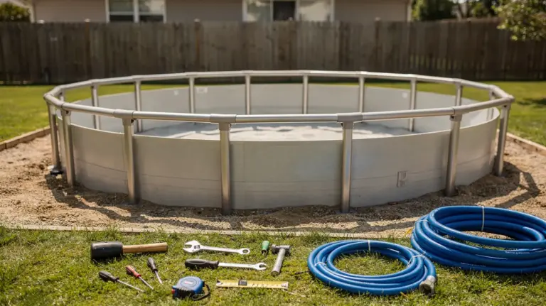 Aufbau eines Pools im Garten mit Poolteilen, Werkzeugen und vorbereiteter Fläche zum Thema Poolaufbau.