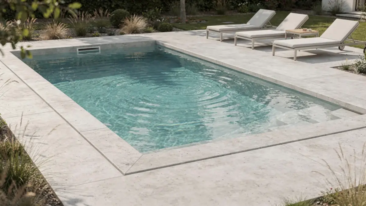 Betonpool im Garten mit klaren Linien und Wasser zum Artikel über Vor- und Nachteile