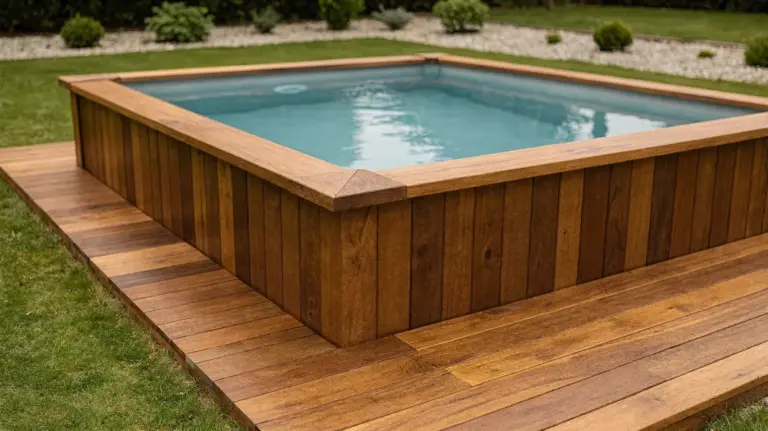 Holzpool im Garten mit Holzverkleidung und Decking als Thema Vor- und Nachteile erklärt