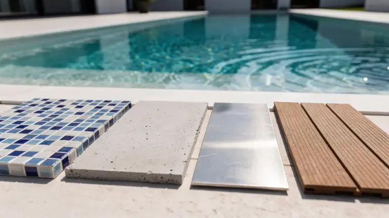 Poolmaterial im Vergleich: Materialmuster neben einem modernen Poolrand