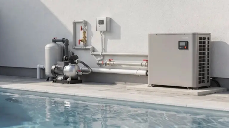 Pool-Wärmepumpe neben einem Außenpool mit Technik und Rohrleitungen