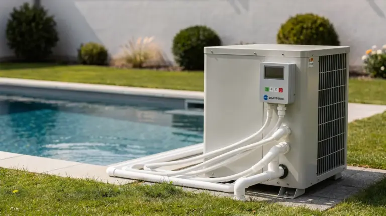 Poolheizung und Poolanlage im Garten zum Thema Stromverbrauch einer Poolheizung