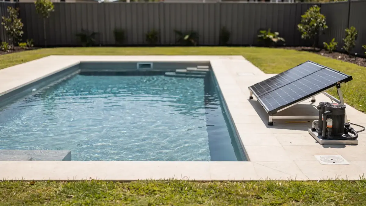Pool mit Solarheizung und Solarpanelen im Garten