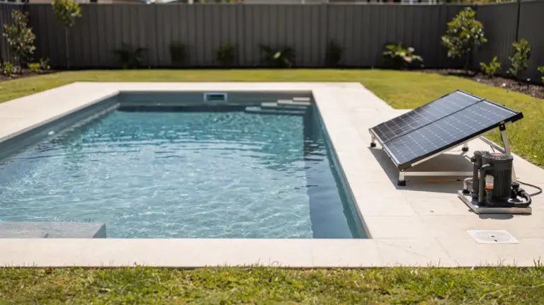 Pool mit Solarheizung und Solarpanelen im Garten