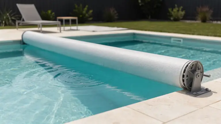Pool mit Abdeckung im Garten zum Thema Poolabdeckung und Wärme sparen
