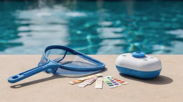Trübes Poolwasser trotz Chlor: Poolskimmer, Teststreifen und Chlor-Dosierer am Beckenrand