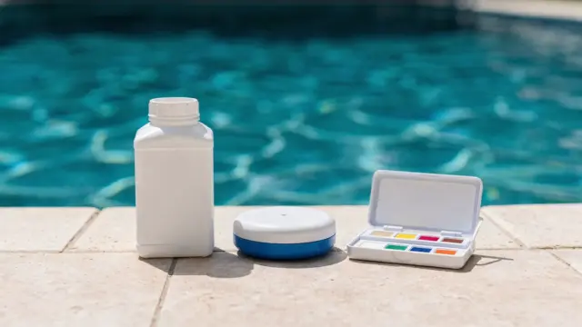 Poolpflege mit Aktivsauerstoff: Flasche, Dosierhilfe und Teststreifen am Beckenrand