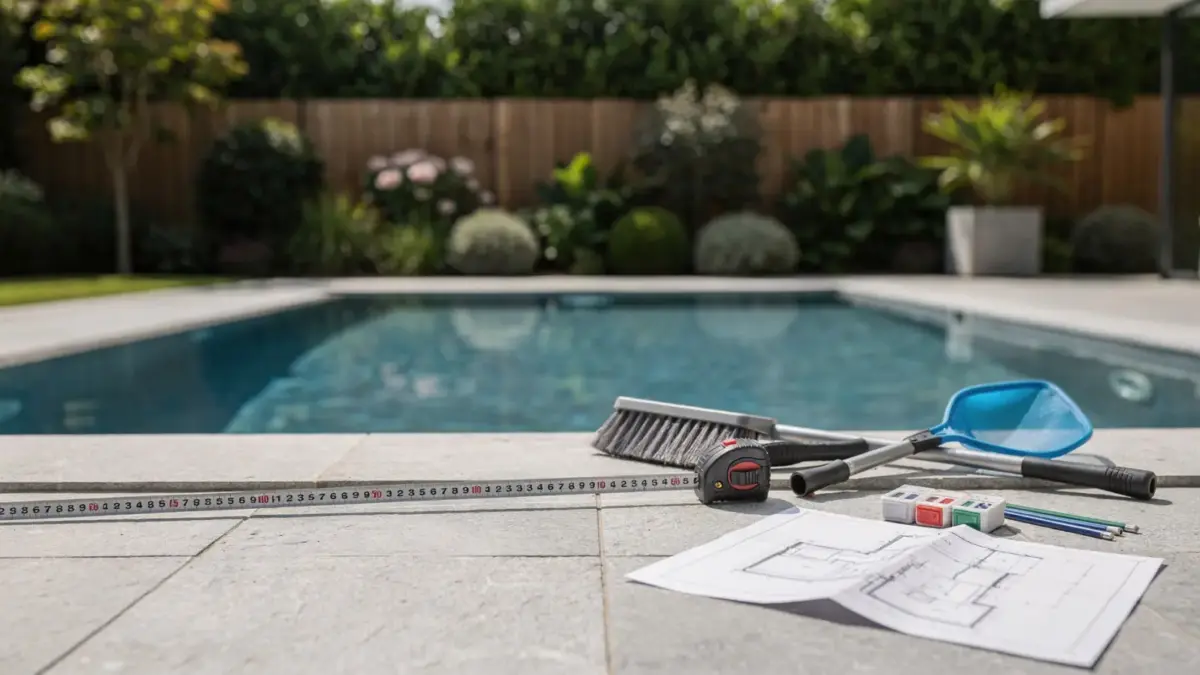 Poolgröße wählen: Maßband und Plan neben einem mittelgroßen Gartenpool