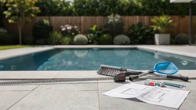 Poolgröße wählen: Maßband und Plan neben einem mittelgroßen Gartenpool