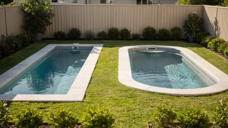 Kleiner Garten mit kompakten Poolformen als Beispiel für die Frage, welche Poolform passt in einen kleinen Garten