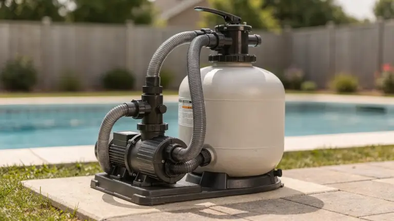 Sandfilteranlage mit Poolpumpe und Schläuchen beim Anschließen eines Pools