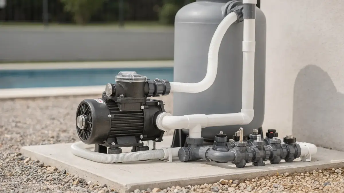 Poolpumpe, Schläuche und Filteranlage für den Anschluss einer Poolpumpe am Schwimmbecken
