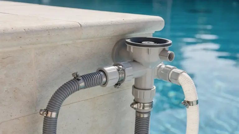 Skimmer und Einlaufdüse am Pool fachgerecht angeschlossen mit Schläuchen und Fittings