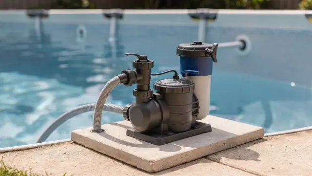 Poolschlauch an Pumpe und Filteranlage angeschlossen, mit sichtbaren Dichtverbindungen