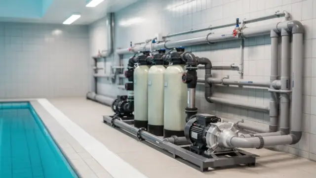 Pooltechnik mit Filteranlage und Rohrleitungen zum Entlüften nach dem Anschluss