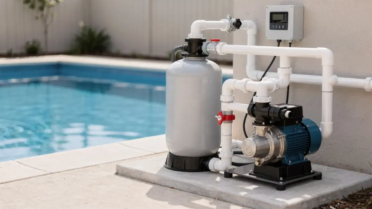 Poolpumpe und Filteranlage am Pool als Thema Filterlaufzeit im Pool