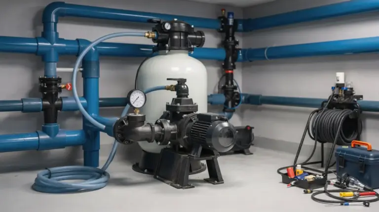 Pooltechnik mit Pumpe, Filter und Manometer zum Erkennen und Beheben eines Pool-Umwälzungsproblems