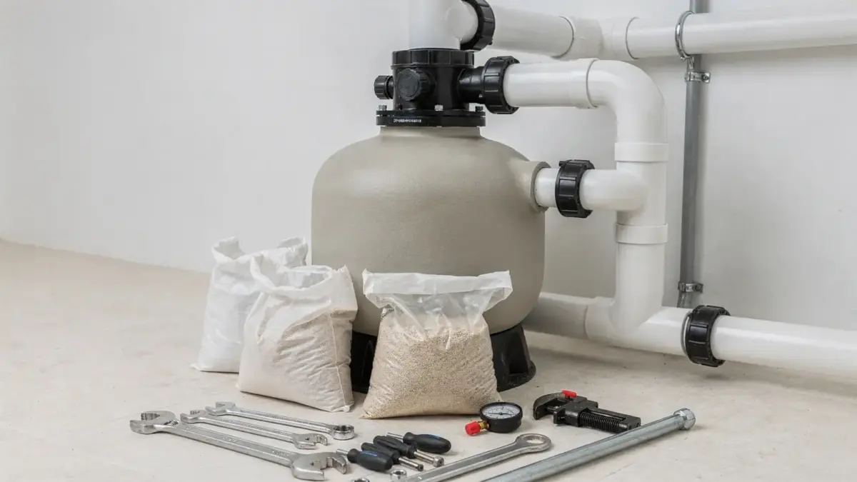 Pool-Filteranlage mit Filtermedium und Werkzeugen beim Wechsel des Filtermediums