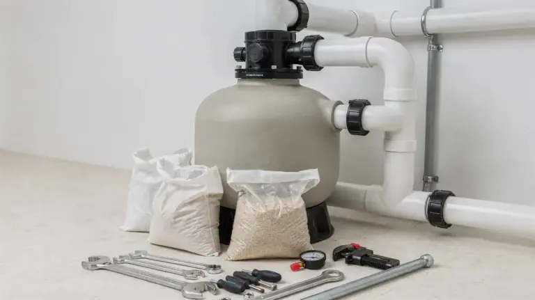 Pool-Filteranlage mit Filtermedium und Werkzeugen beim Wechsel des Filtermediums