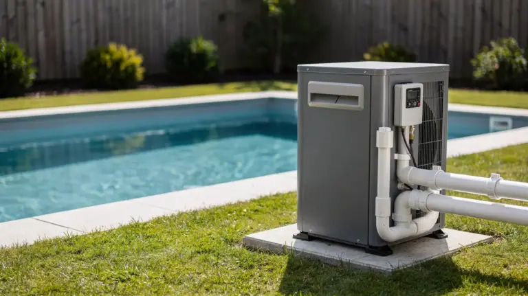 Poolheizung und Poolanlage im Garten zum Thema Stromverbrauch einer Poolheizung