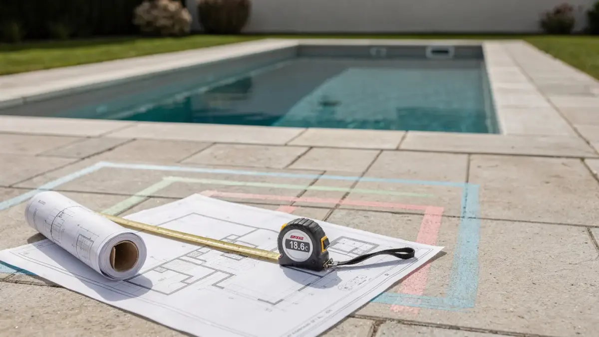 Poolplanung mit Maßband und Skizze zur Wahl der Poolgröße