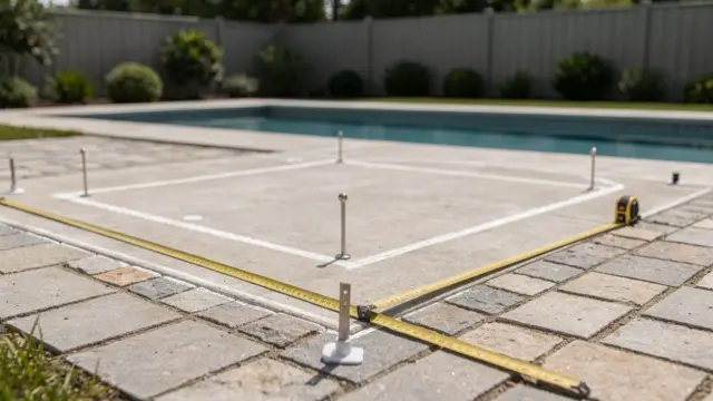 Markierte Gartenfläche mit Maßband zur Planung des Pool-Platzbedarfs
