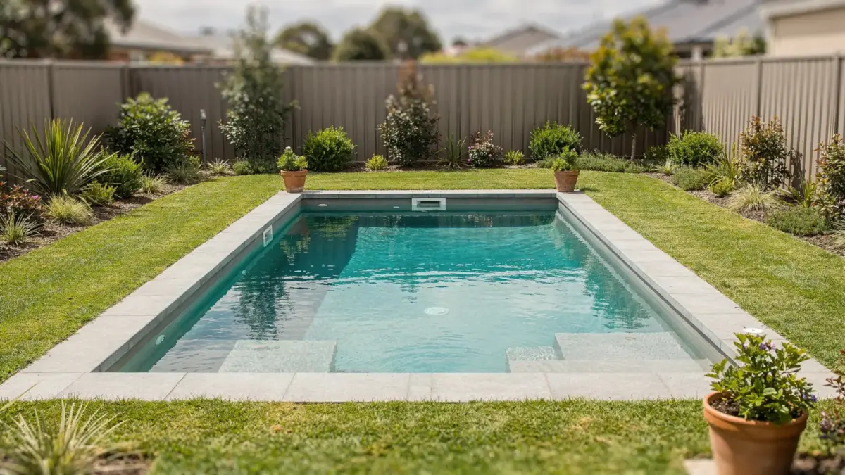 Mittelgroßer Pool im Garten als Beispiel für die sinnvolle Poolgröße