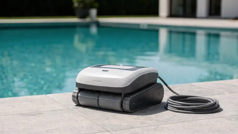 Poolroboter neben einem klaren Schwimmbecken – Thema: Poolroboter wählen