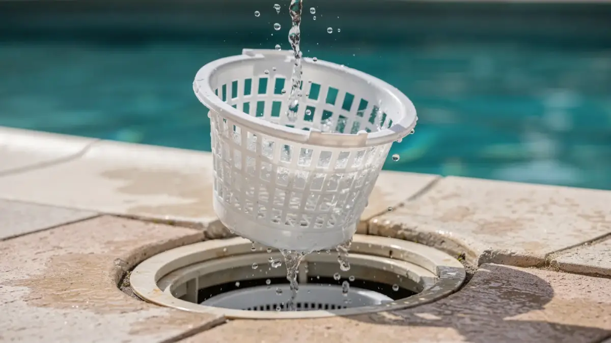 Skimmer-Vorfilter reinigen am Pool: herausgenommener Filterkorb wird gereinigt.