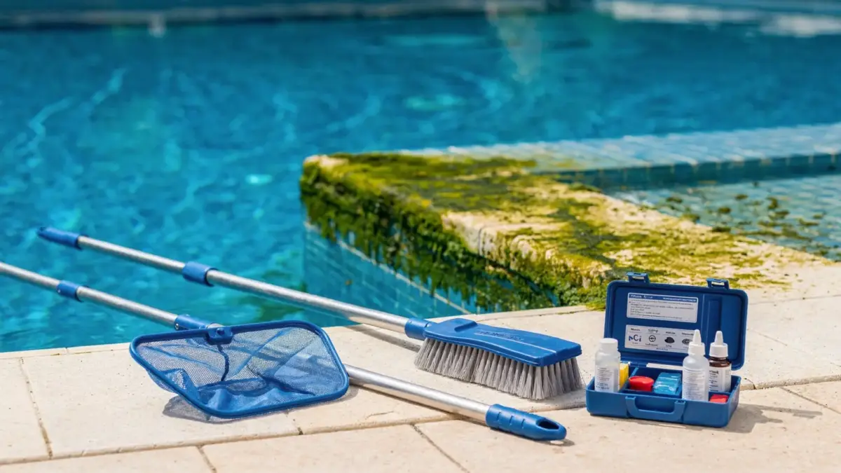 Poolreinigung mit Bürste und Netz bei Algenbefall im Pool