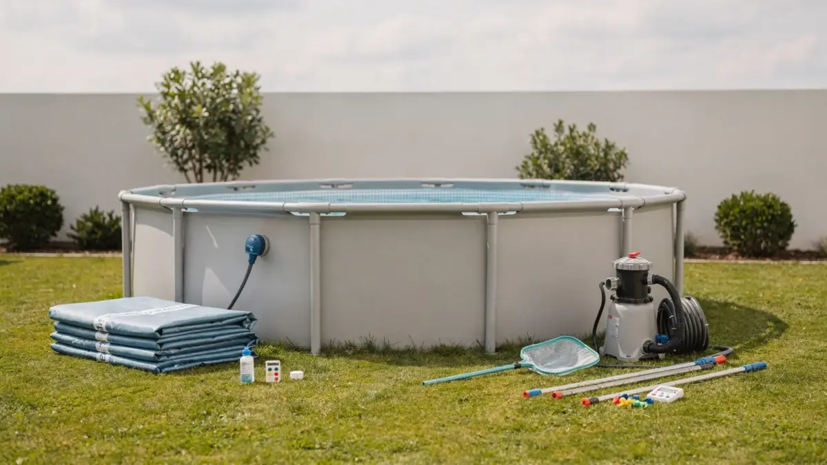 Aufstellpool mit Filterpumpe und Zubehör als Motiv zum Thema Aufstellpool Kosten