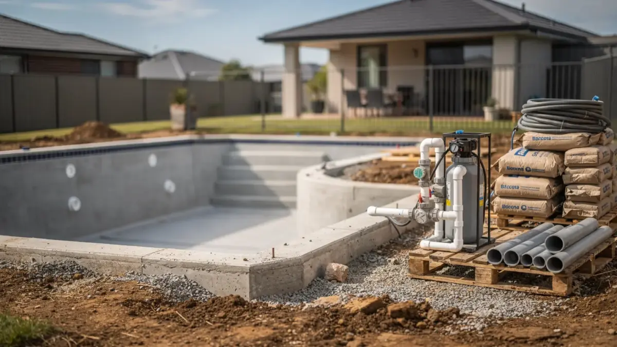 Eingelassener Pool mit Technik und Poolanlage auf einer Baustelle