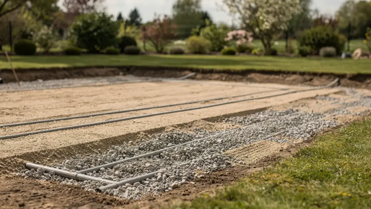 Vorbereiteter Pool-Untergrund mit Schotter, Sand und Drainage für einen tragfähigen, ebenen Untergrund