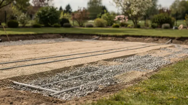 Vorbereiteter Pool-Untergrund mit Schotter, Sand und Drainage für einen tragfähigen, ebenen Untergrund