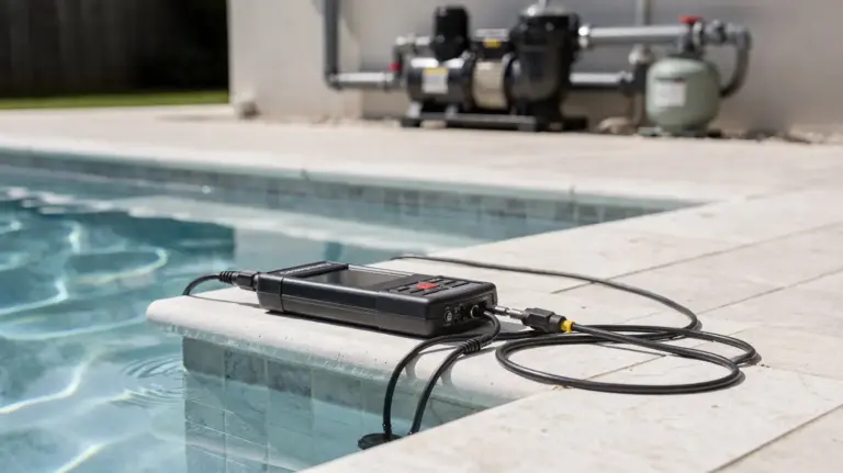 Techniker sucht ein Pool-Leck am Wasserline und an der Pooltechnik