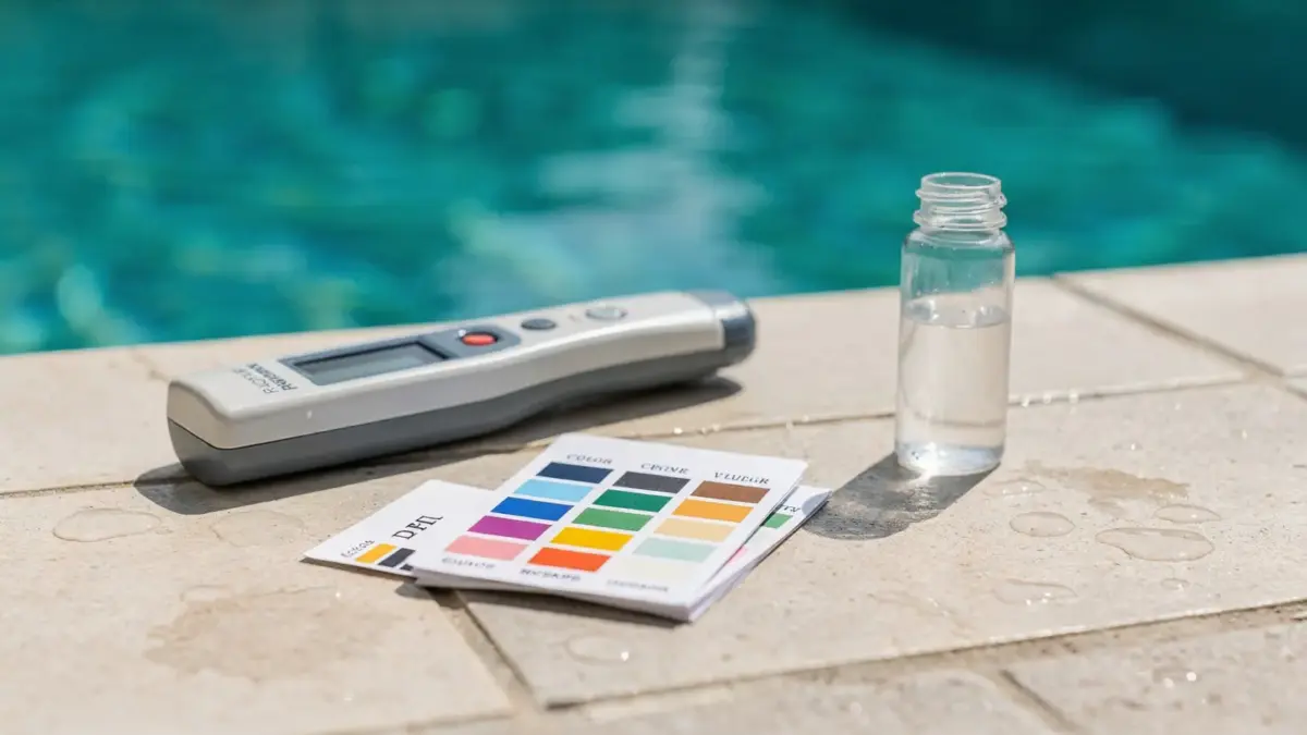 pH-Wert im Pool messen mit Testgerät und Wasserprobe am Beckenrand