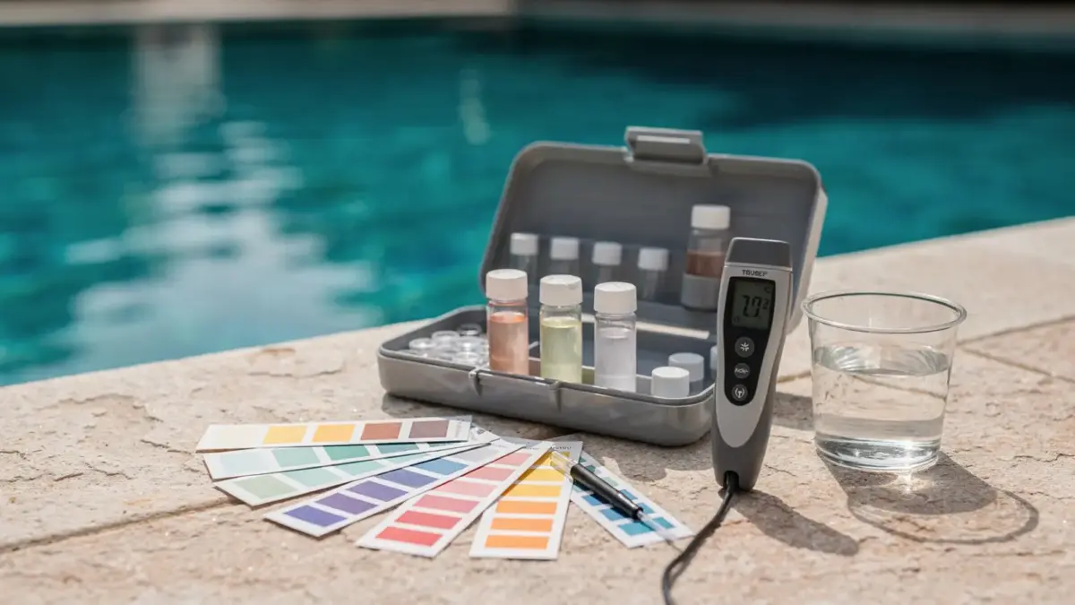 Pool-Wasserwerte messen mit Teststreifen, pH-Meter und Wasserprobe am Beckenrand